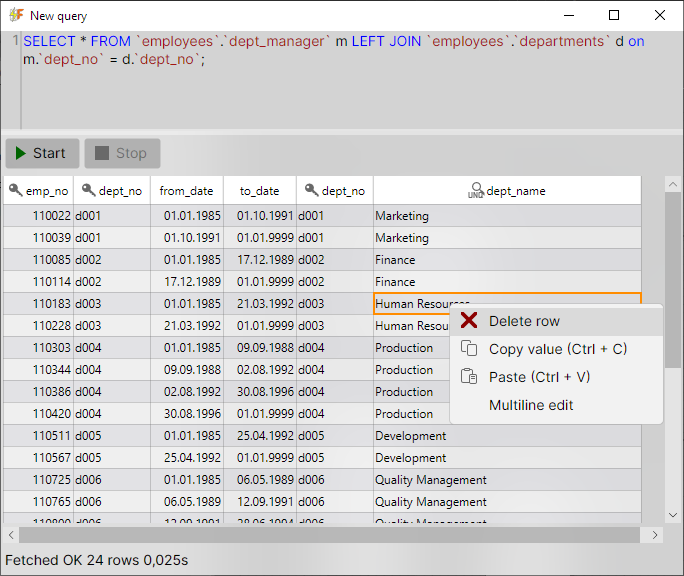 Delete row from context menu