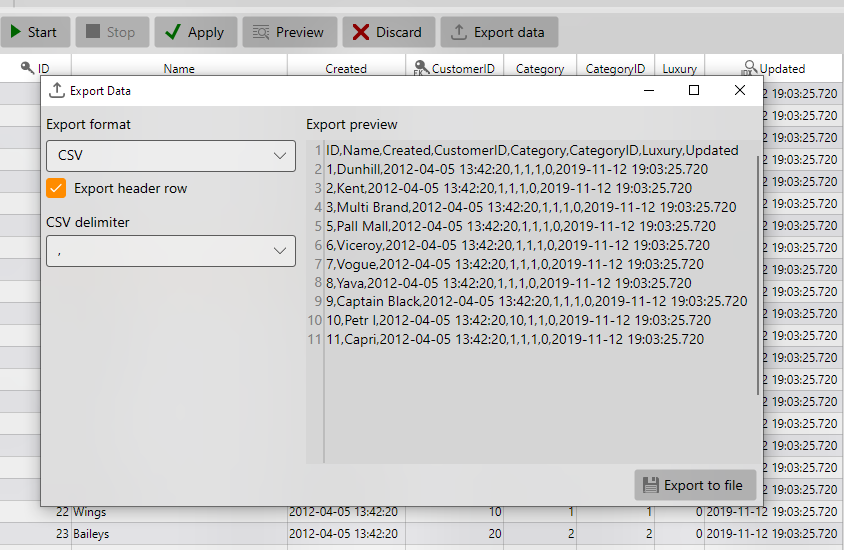Export data window