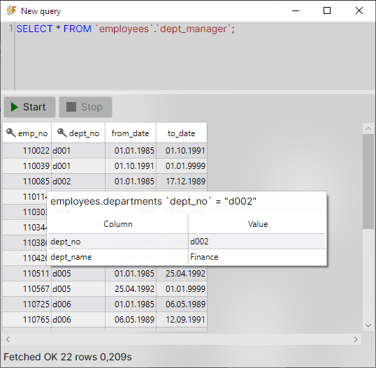 Foreign key tooltip popup window