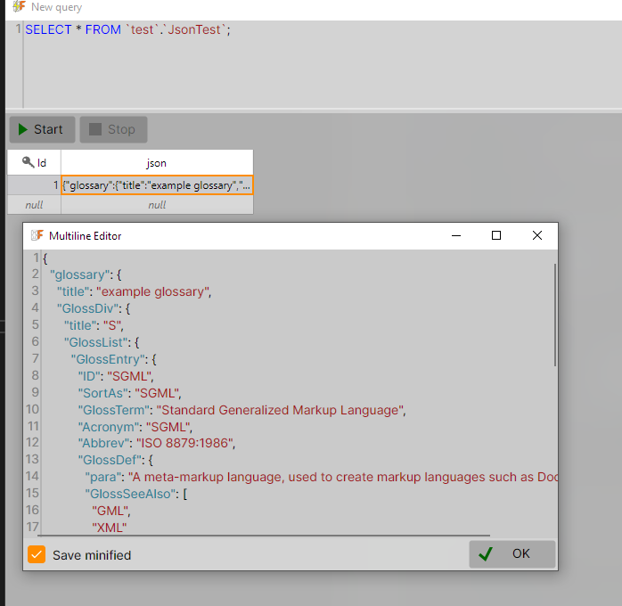 Prettified JSON text in multiline editor