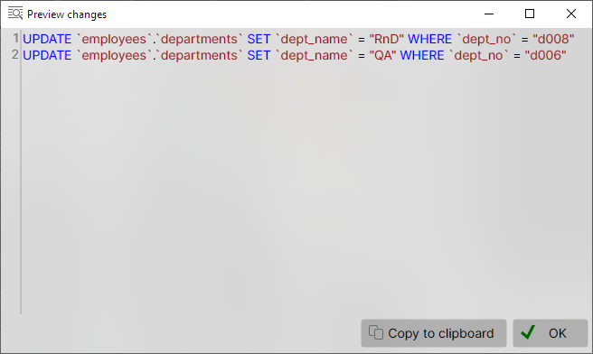 Preview data change statements