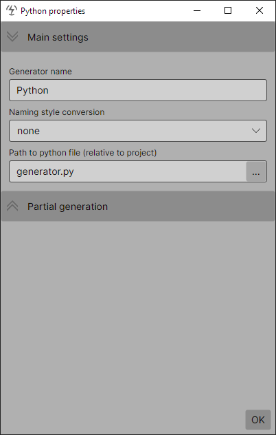 Python generator settings