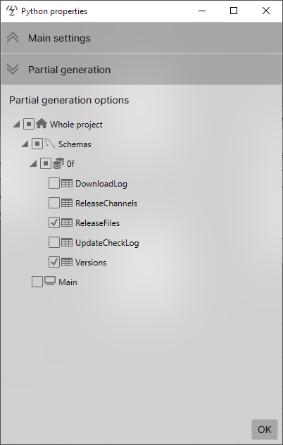 Partial generation settings with selected tables