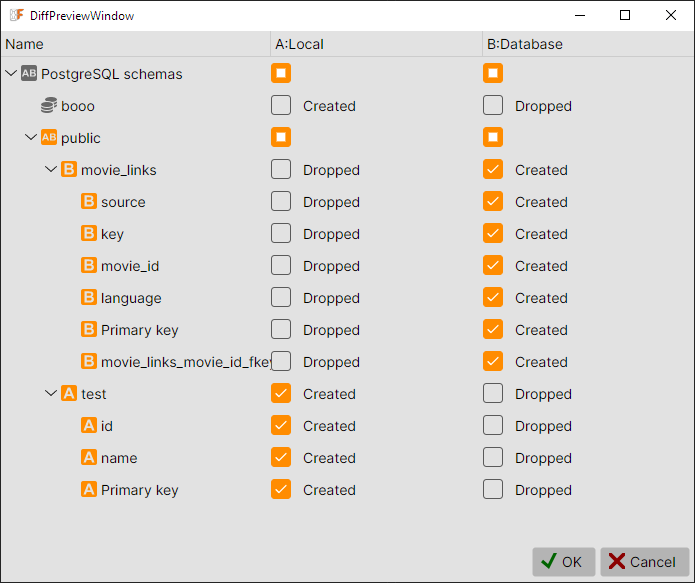 Diff preview window with selected objects