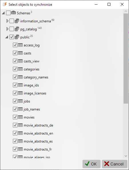 Selecting tables for sync