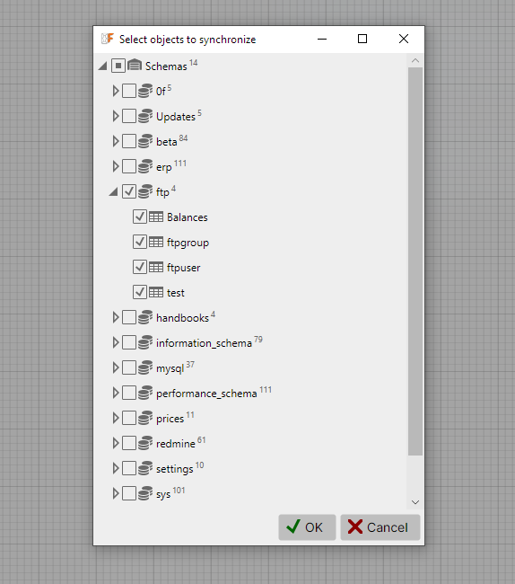 Select schemas and tables for sync in the sync window