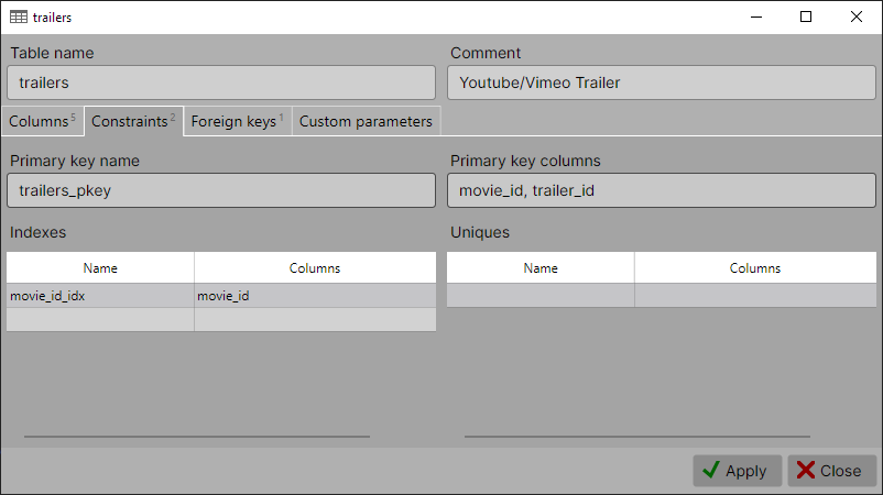 Constraints editor tab in the table editor window