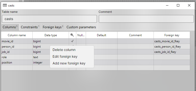 Context menu in the table edit window