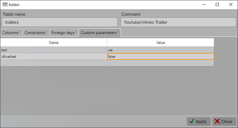 Custom parameters tab in the table editor window
