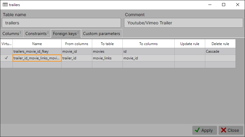 Foreign keys editor tab in the table editor window
